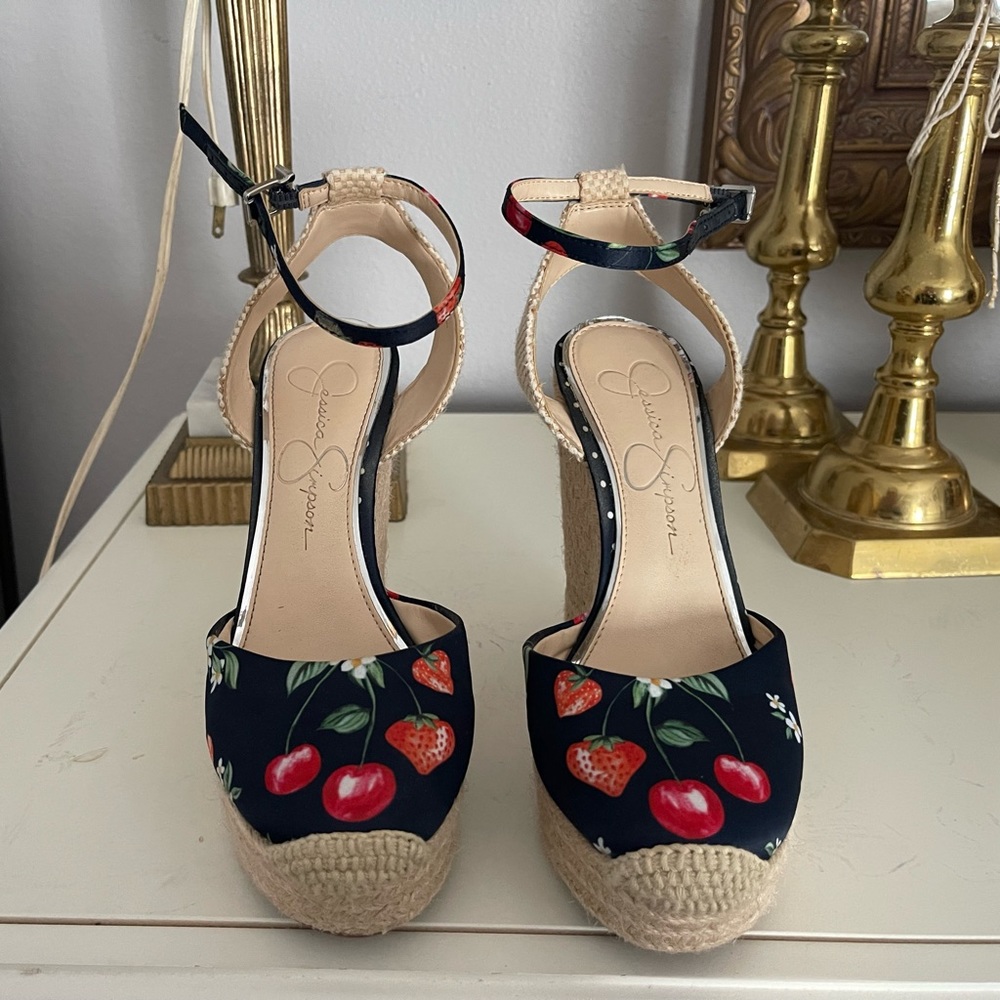 Jessica Simpson wedge heels, navy with cherries. Size 6.5